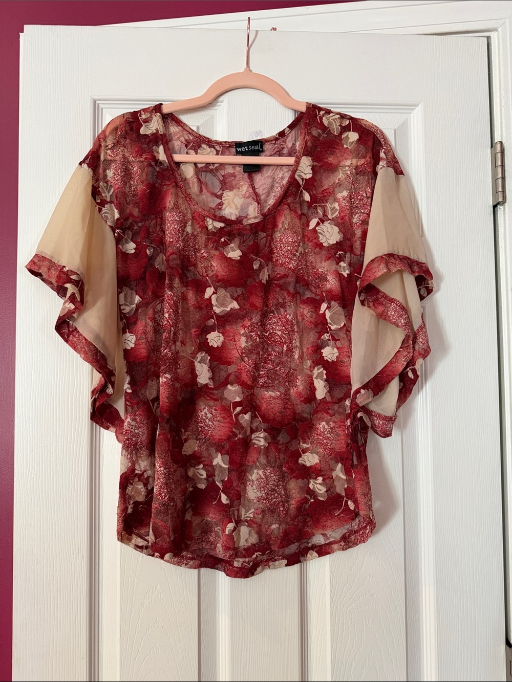 Wet Seal Red Floral Flutter Sleeve Blouse with Cream Sleeves
